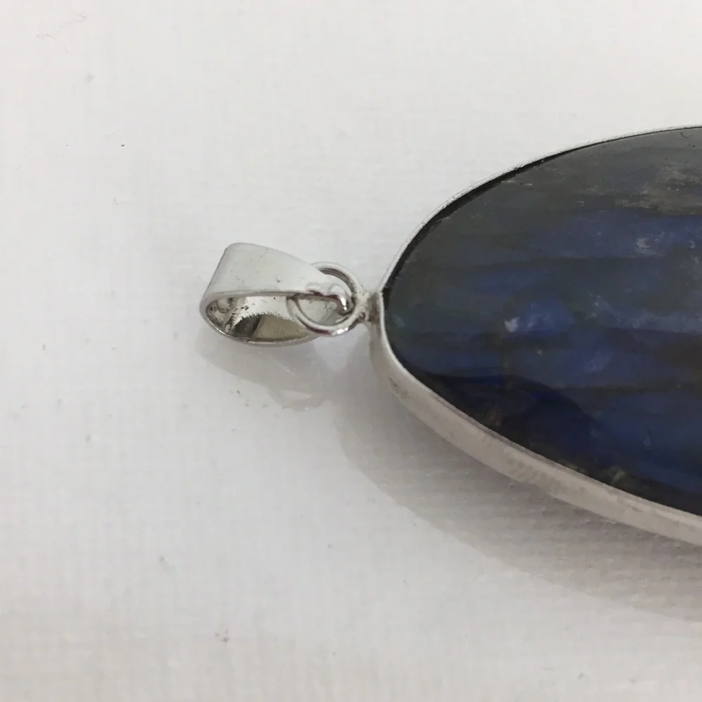 Labradorite Blue Green Flash Large Pendant Oval Natural Stone Silver Metal Wrap